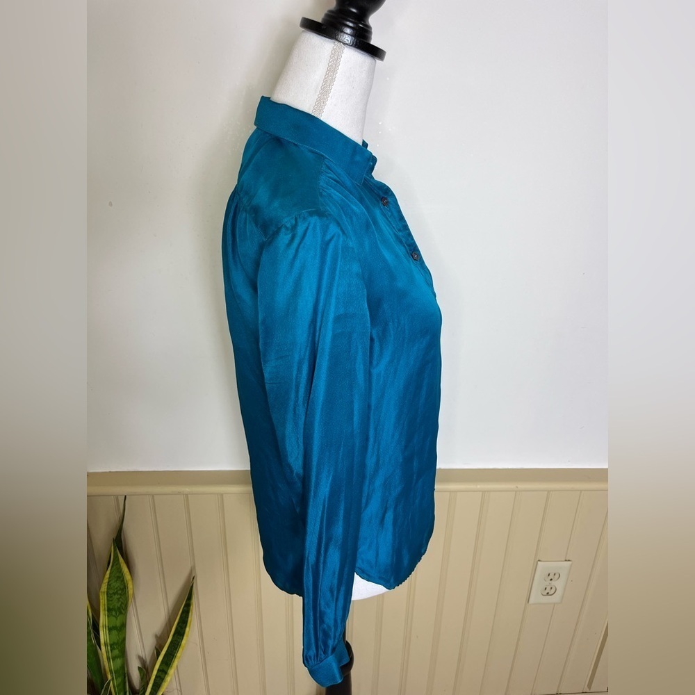 Vintage SSSSS 100% Silk Button-Up Blouse Emerald Teal VTG Womens Sz 8 Modern S - Picture 2 of 6